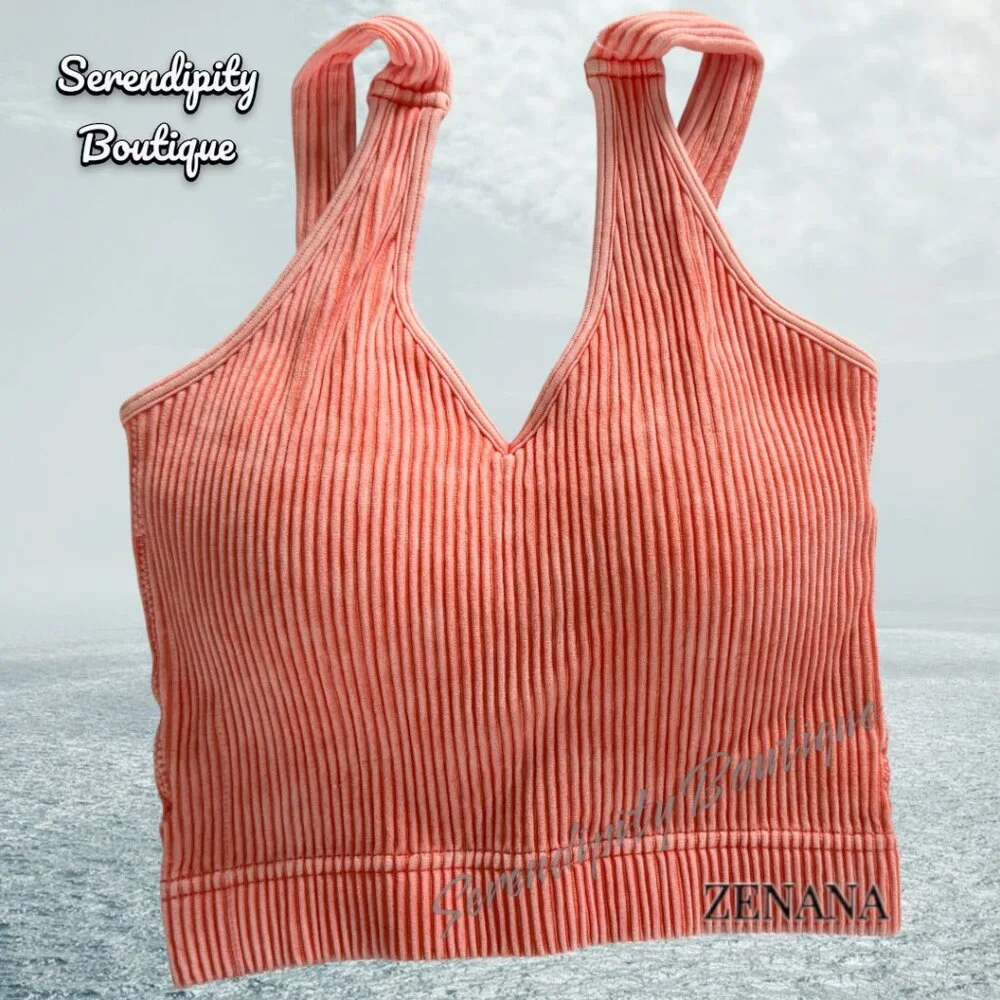 Zenana Soft Very Stretchy Coral Orange Mineral Wash V Neck Yoga Tank Bralette